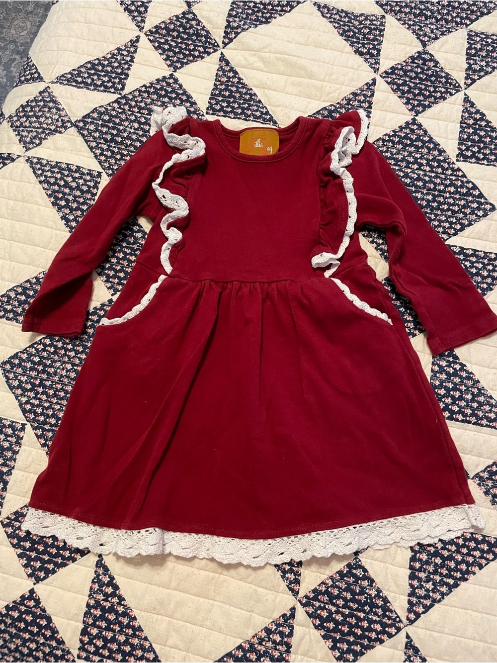 Girls' Long-Sleeve Burgundy Dress with Lace Trim